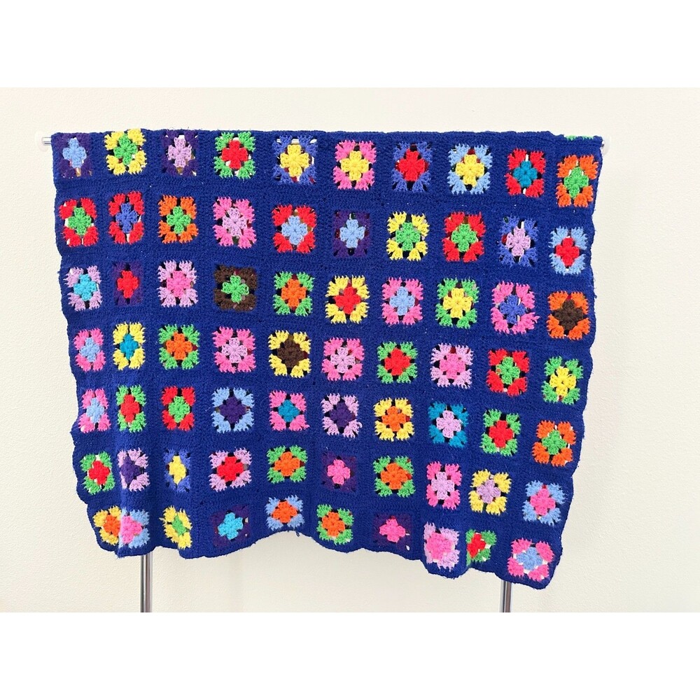 Vtg Handmade Granny Square Crochet Afghan Scalloped Edge 66"x41" Full Double